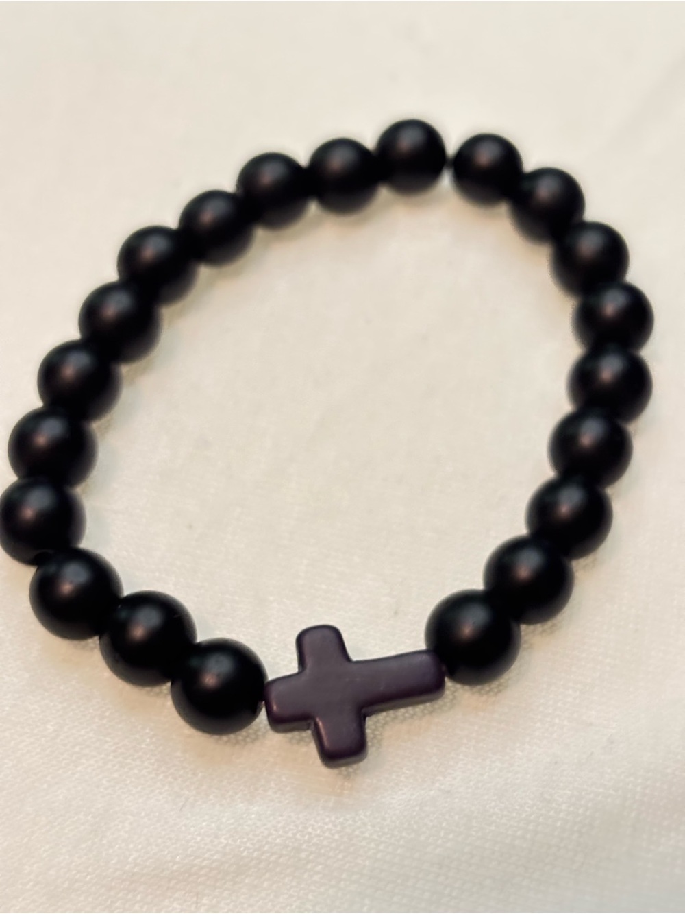 Source Unknown Black Beaded Bracelet with Purple Cross